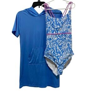 Spyder Swimwear Set One Piece Suit Coverup Blue White Girls Size 12